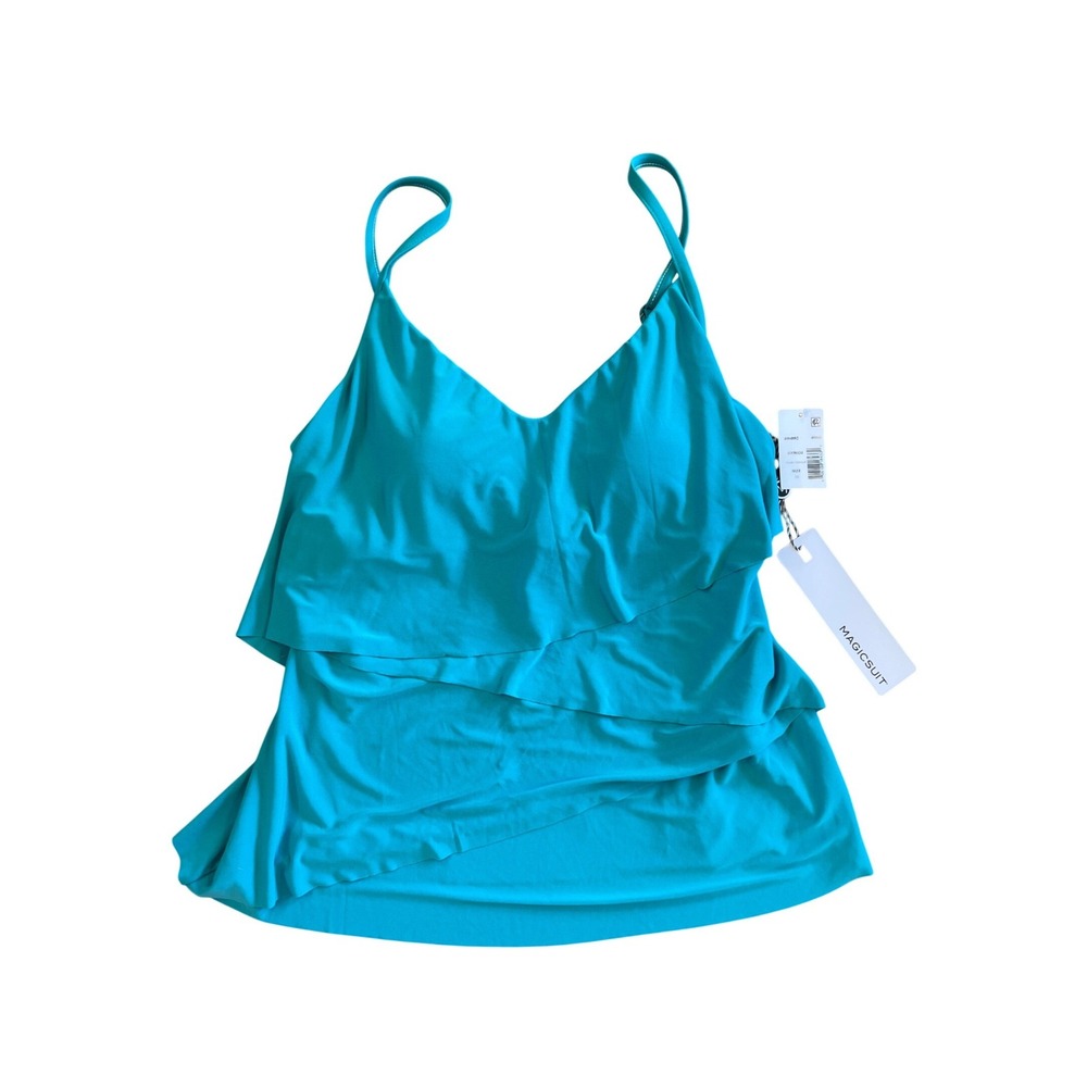 NEW Magicsuit Slimming Pool Blue Tiered Ruffle Tankini Swim Top Teal Womens 10